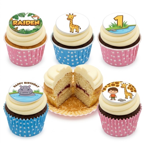 Jungle animal themed cupcakes with giraffe, hippo, boy character, and custom age topper.