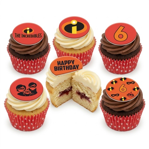 A selection of The Incredibles themed cupcakes with red and orange toppers, including the family, logo, and a custom age '6'.