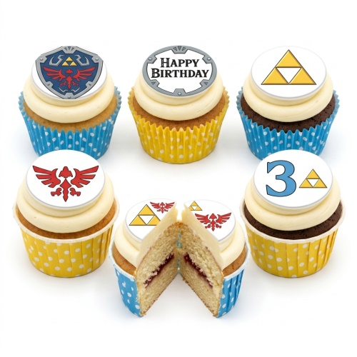 Legend of Zelda themed birthday cupcakes with Hylian Shield, Triforce, Crimson Loftwing, and custom age toppers.
