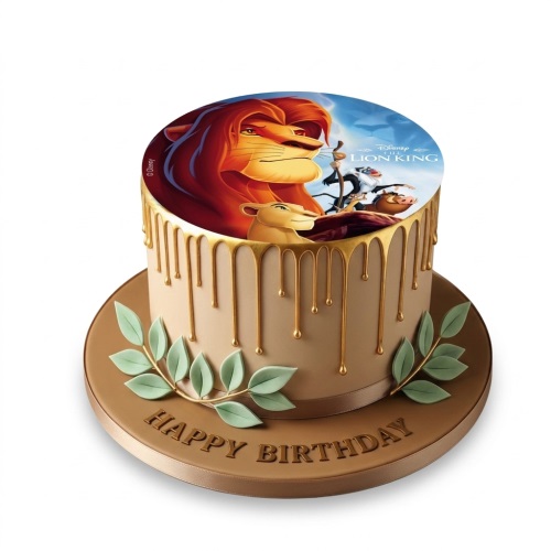 Round Disney Lion King birthday cake with edible character topper, gold drip, and green leaf decorations.