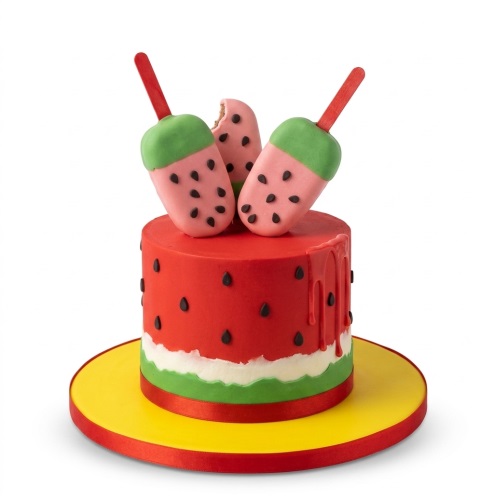 Round watermelon themed birthday cake with red icing, black seeds, green and white base, and three watermelon cake pops.