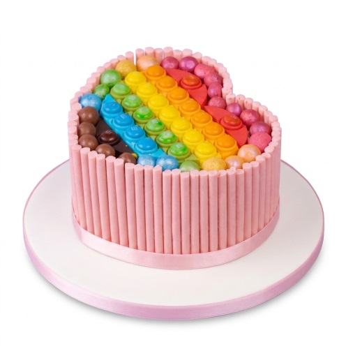 Heart-shaped pink cake with rainbow Pop It style decoration and colourful candies on top.