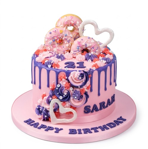 Pink and purple donut drip birthday cake with buttercream flowers and custom age topper.