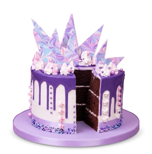 Round white cake with purple drip, colourful sprinkles, meringues, and marbled pink, blue, and purple swirl shards.