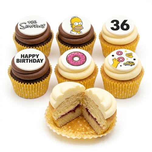 A set of The Simpsons themed birthday cupcakes with Homer Simpson, logo, donuts, 'Happy Birthday' and custom age topper.