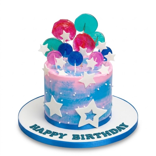Colourful single-tier birthday cake with pink and blue marbling, topped with lollipops and white stars.