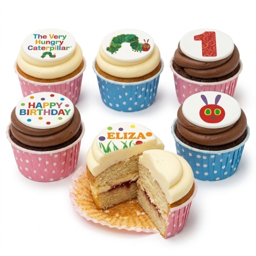 The Very Hungry Caterpillar cupcakes with character toppers, custom age topper, and personalised name topper on vanilla and chocolate frosting.