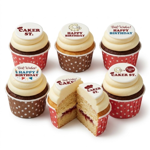Six cupcakes with white frosting, some with 'Happy Birthday' and caterpillar toppers, in red and brown polka dot cases.