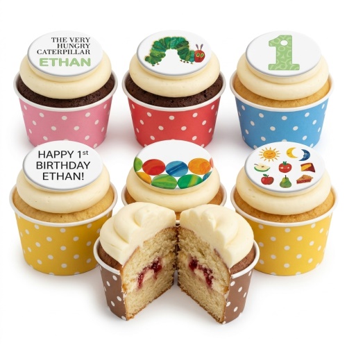 Cupcakes with The Very Hungry Caterpillar character and book-themed edible toppers