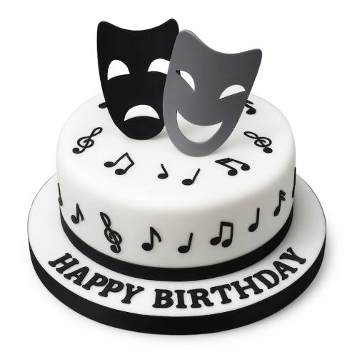 Two-tier white birthday cake with black and grey theatre masks and black musical notes.