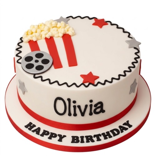 White round movie theme birthday cake with popcorn, film reel, stars, and custom message.