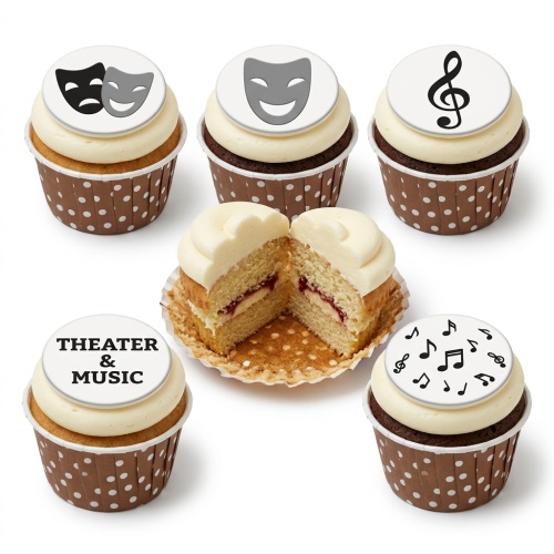 Cupcakes with white frosting and brown polka dot wrappers, topped with edible discs featuring theater masks, a treble clef, musical notes, and "THEATER & MUSIC" text. One cupcake is cut open showing sponge cake with red and cream filling.