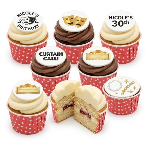 Theatre theme birthday cupcakes with drama masks, marquee signs, pearl necklace, and gold chain toppers.