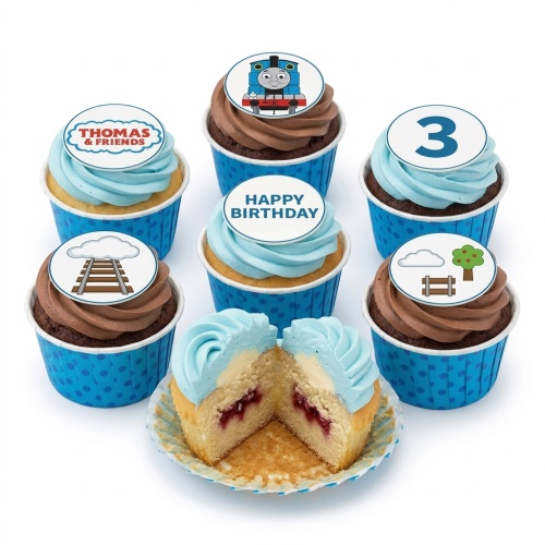 Thomas The Tank Engine themed cupcakes with blue and brown frosting, featuring Thomas, railway tracks, and a custom age topper.