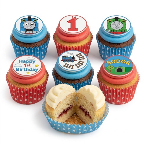 Thomas and Friends 1st birthday cupcakes with Thomas, Percy, Sodor, and train track toppers.