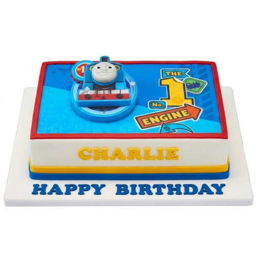 Rectangular Thomas The Tank Engine 1st birthday cake with a 3D topper and "The No. 1 Engine" design.