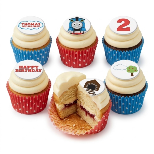 Thomas the Tank Engine cupcakes with character, logo, tunnel, tree, custom age topper, and 'Happy Birthday' message.