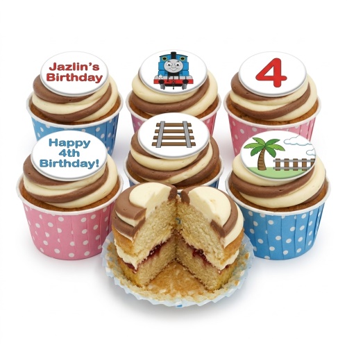 Thomas the Tank Engine themed cupcakes with railway, palm tree, and custom age toppers
