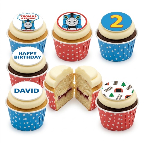 Thomas the Tank Engine themed cupcakes with train, railway, and custom age '2' toppers.