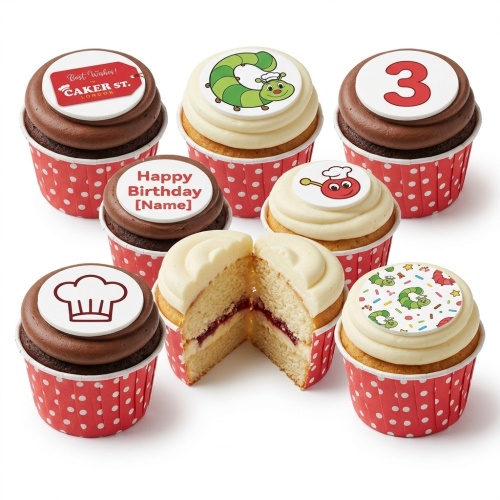 Assortment of kids birthday cupcakes with cartoon caterpillar and bug toppers, custom age, and personalised message.