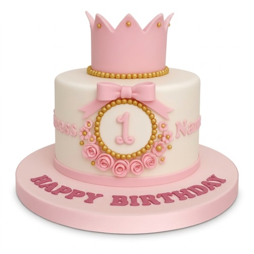 Pink and white princess crown birthday cake with gold beads, pink bow, and roses. Features a custom age topper and a 'Happy Birthday' message.