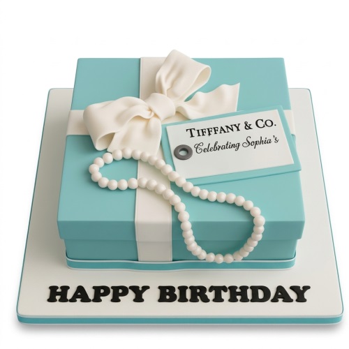 Tiffany blue gift box birthday cake with white bow, pearls, and "Happy Birthday" message.