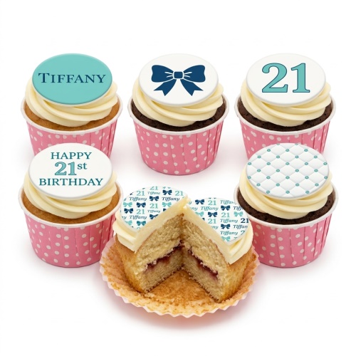 Elegant cupcakes with teal bows, quilted pattern, and custom toppers.