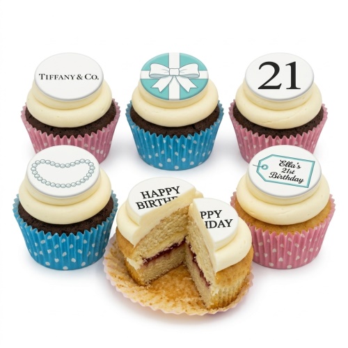 Tiffany inspired cupcakes with gift box, pearl necklace, and custom age 21 topper.