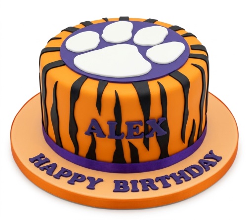 Round orange and black tiger stripe birthday cake with a white paw print and purple ribbon