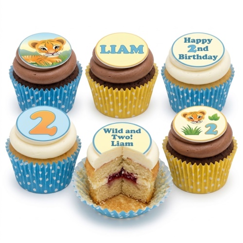 Jungle theme cupcakes with tiger cub toppers, custom age number, and personalised name.