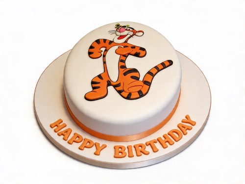 Round white fondant cake with a 3D Tigger character and "Happy Birthday" message.