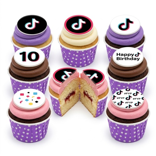 Assortment of TikTok themed cupcakes with purple and pink frosting, custom age topper, and Happy Birthday message.