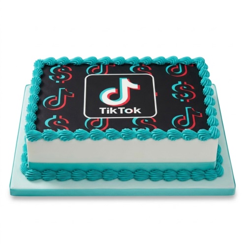 Rectangular TikTok themed birthday cake with black top, white sides, and teal icing borders.