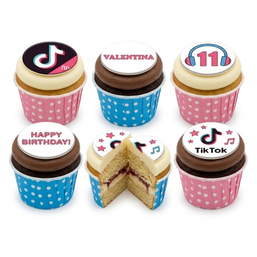 TikTok themed birthday cupcakes with custom age and name toppers, in pink and blue wrappers.
