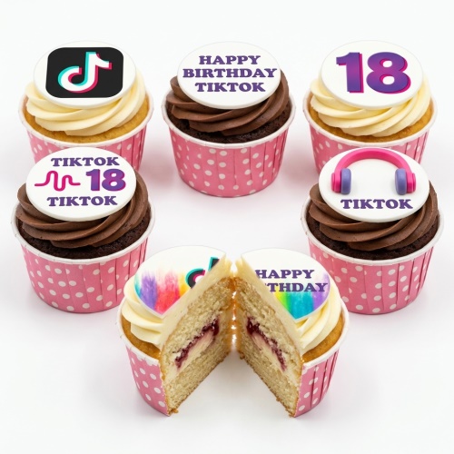 TikTok themed birthday cupcakes with logo, headphones, and custom age topper