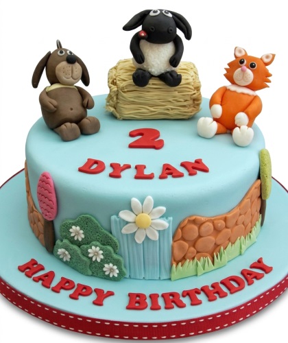 Round blue birthday cake with Shaun the Sheep style characters, a custom age topper, and edible farm scene decorations.