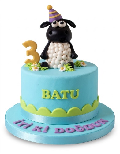 Light blue single-tier cake with a 3D Shaun the Sheep topper and custom age number.