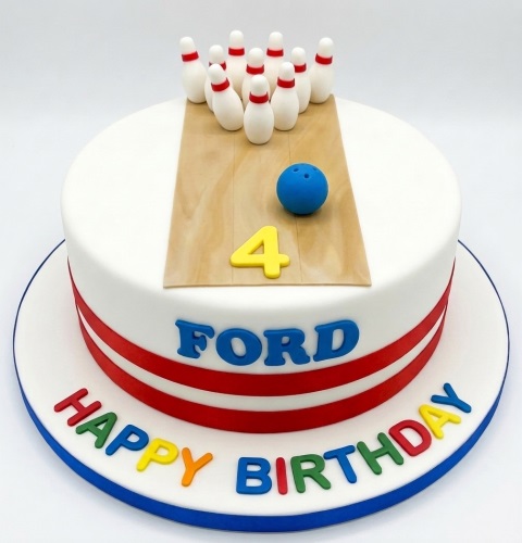 White round cake with edible bowling pins, blue bowling ball, and a custom age number '4' on a bowling lane design. Red stripes and a colourful 'Happy Birthday' message with a personalised name 'FORD' are visible.