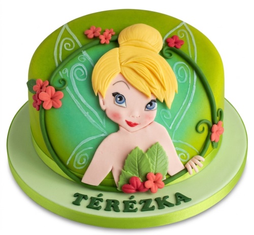 Round green Tinkerbell birthday cake with 3D fondant Tinkerbell figure, leaves, and red flowers.