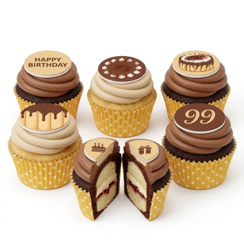 Assortment of chocolate and vanilla custom age birthday cupcakes with "Happy Birthday" and "99" toppers.