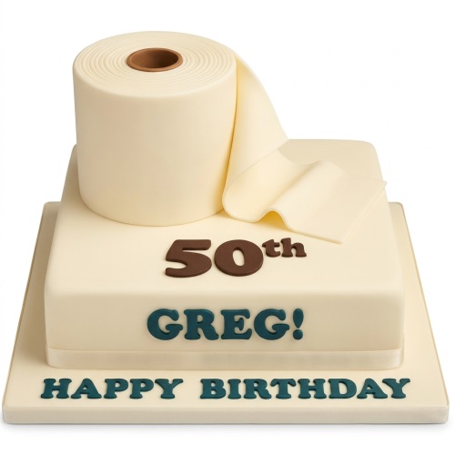 Two-tier cream novelty birthday cake with a 3D toilet roll on top and space for custom age and message.