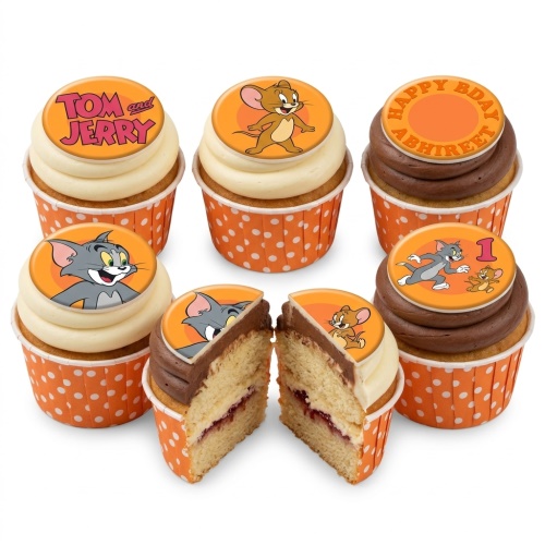 Set of Tom and Jerry themed cupcakes with edible toppers, orange polka dot wrappers, and custom age and message examples.