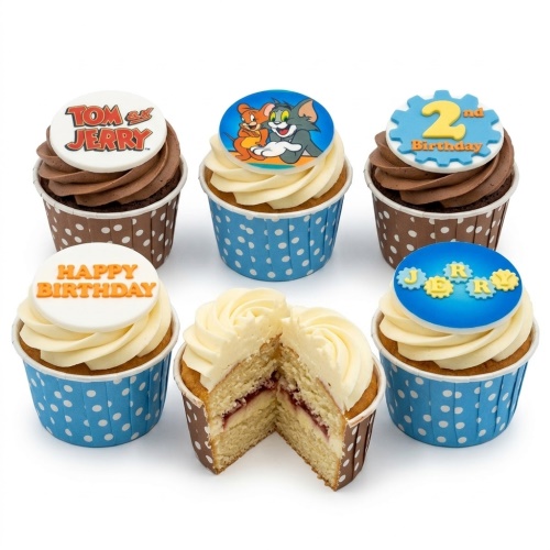 A set of Tom and Jerry themed birthday cupcakes with character toppers, 'Happy Birthday' and '2nd Birthday' messages.