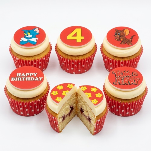 Tom & Jerry themed cupcakes with character toppers, "Happy Birthday" message, and a custom age topper.