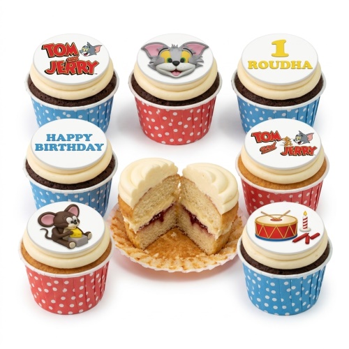 Tom and Jerry themed birthday cupcakes with character toppers, drum, candle, and 'Happy Birthday' message.