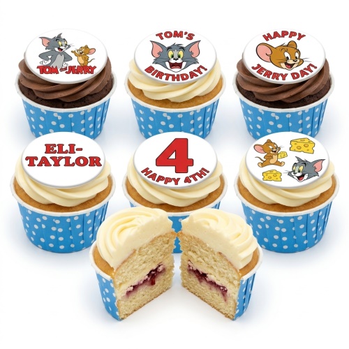 Tom and Jerry themed cupcakes with white frosting, blue polka dot wrappers, and customisable character toppers.