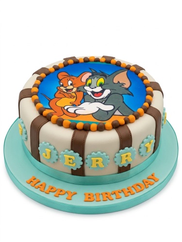 Round white Tom and Jerry birthday cake with brown stripes, edible character image, and custom name.