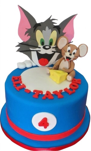 Blue Tom and Jerry themed birthday cake with custom name and age topper