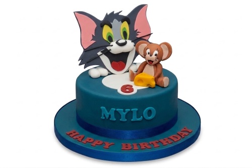 Tom and Jerry themed birthday cake with cartoon characters, custom age number, and personalised name.