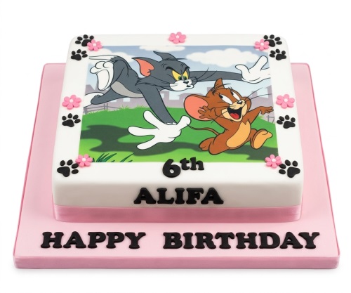 Square two-tier Tom and Jerry birthday cake with paw prints, pink flowers, custom age and name.